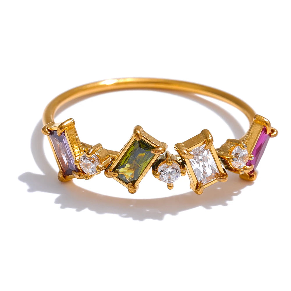 Yhpup Chic Bling Colorful Cubic Zirconia Thin Fashion Ring 2024 Waterproof Stainless Steel Trendy Exquisite Finger CZ Jewelry