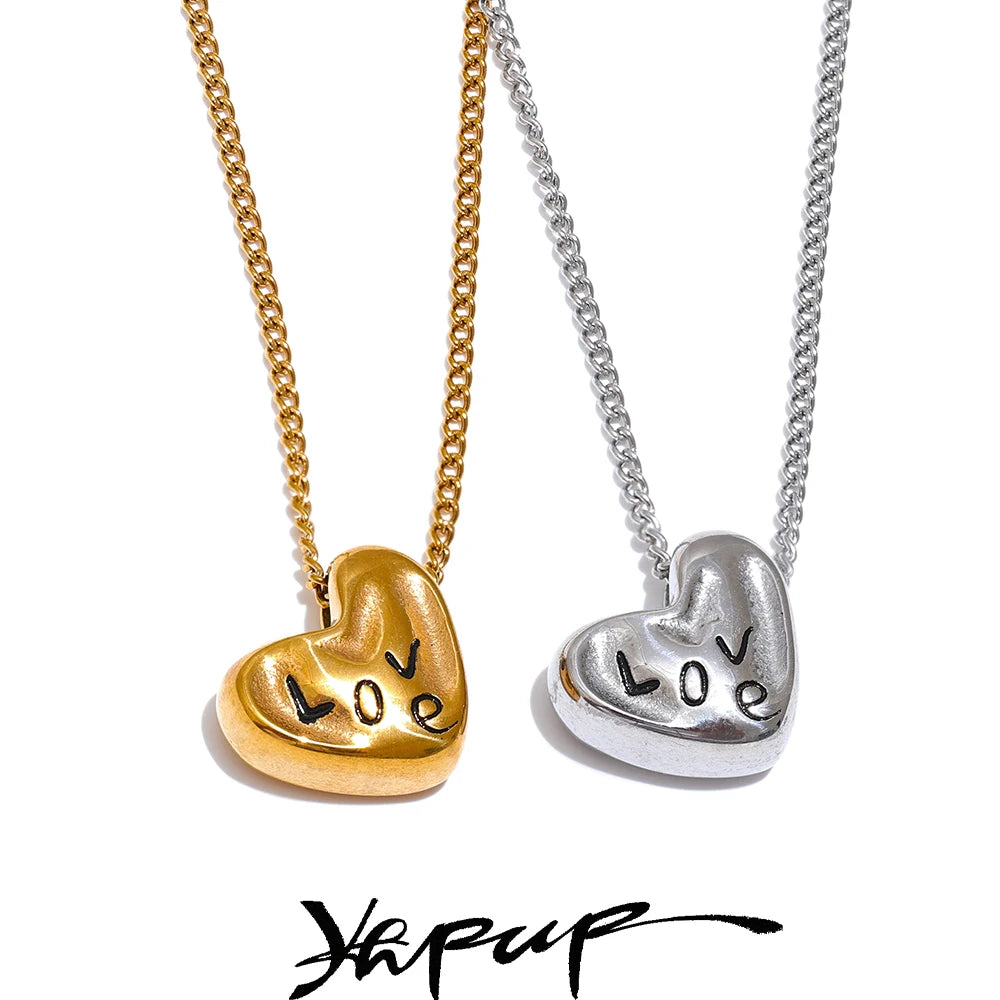 Yhpup Romantic Heart Love Necklace Cast Pendant Crossover Chain 2024 Stainless Steel Waterproof Charm Trendy Jewelry Accessories