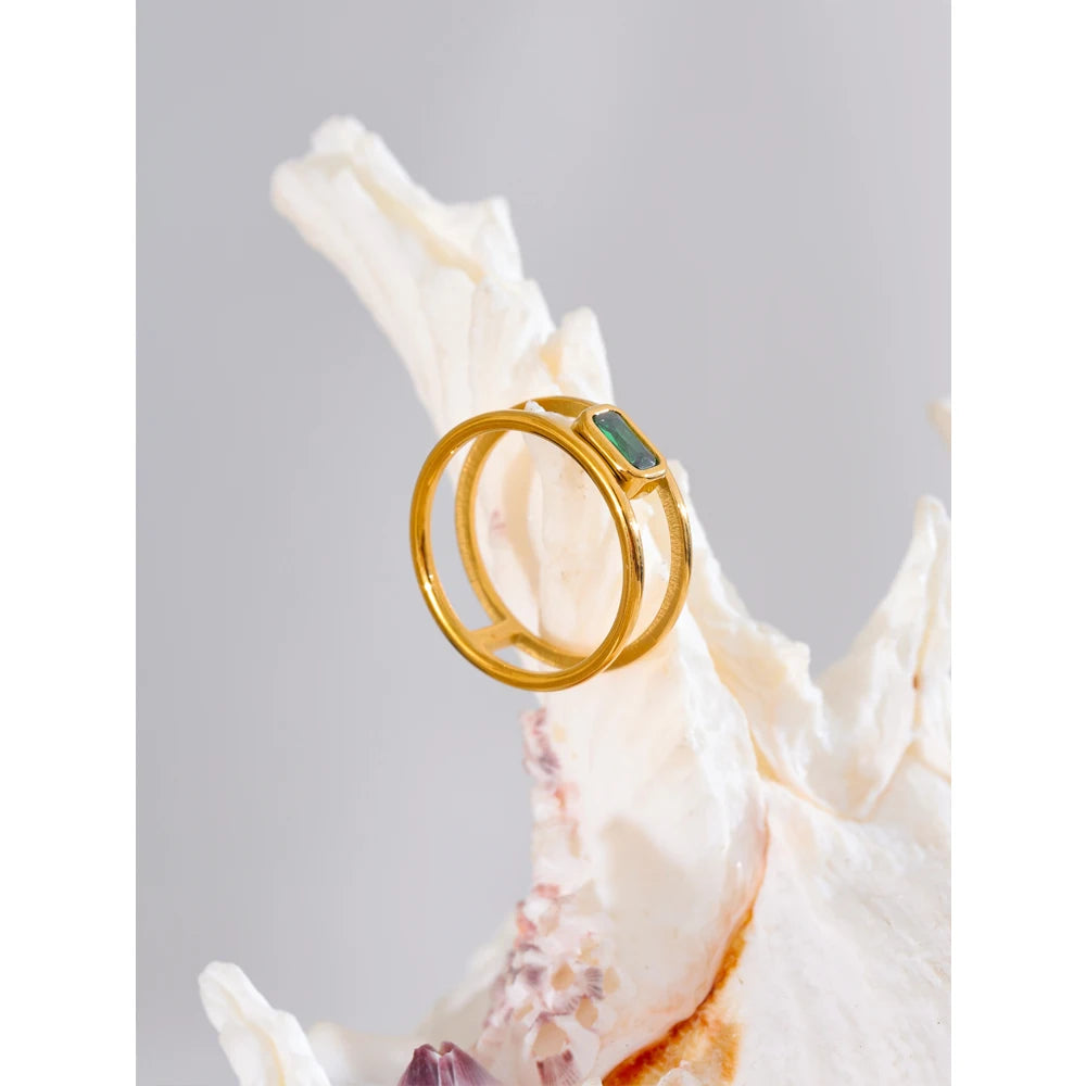Yhpup Stainless Steel Double Layer Hollow Green Cubic Zirconia Fashion Ring Exquisite Rust Proof 18K Gold Color Finger Jewelry