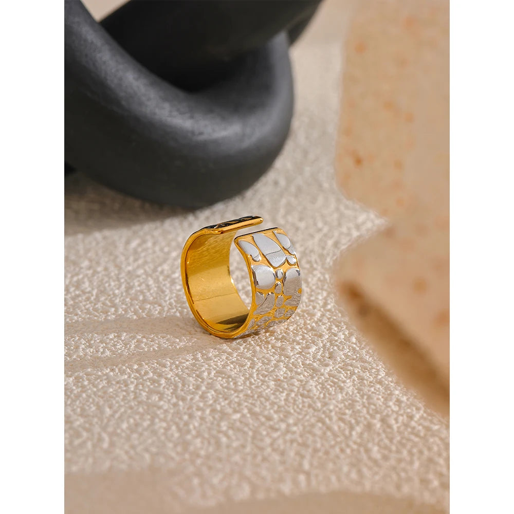 Yhpup Stainless Steel Metal Wide Double Color Statement Ring for Women 18K PVD Plated Personalized Temperament Jewelry Gift