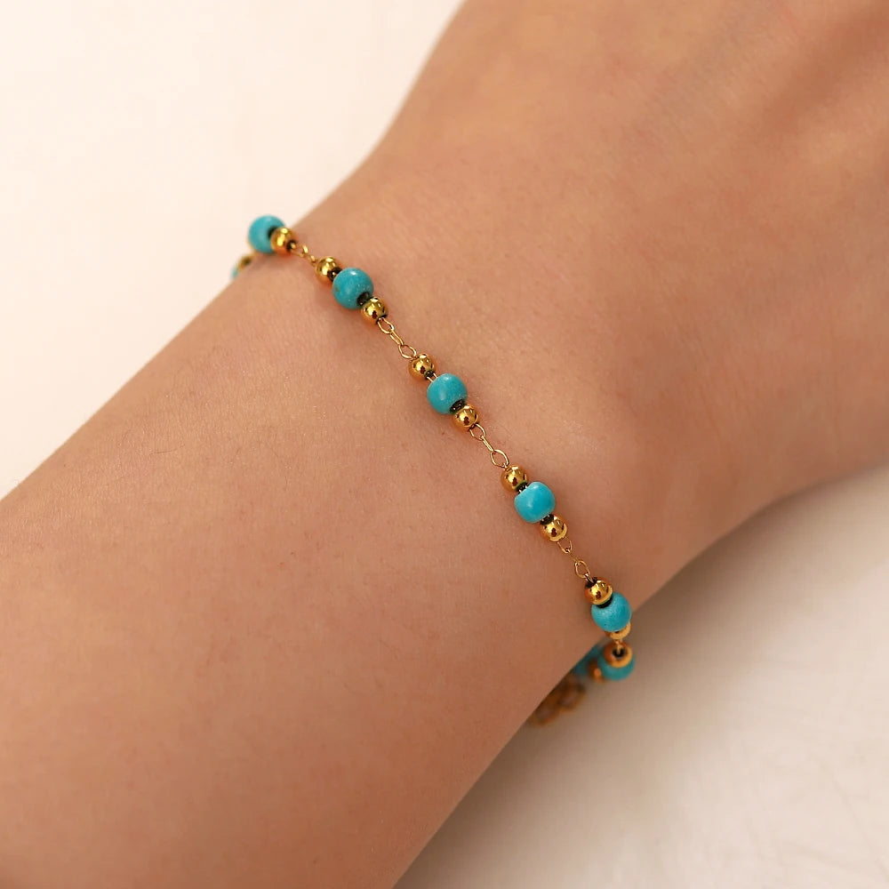 Youthway Fashion Turquoise Stainless Steel 18K Gold Pvd Plated Adjustable Bracelet Waterproof Jewelry Women Gift