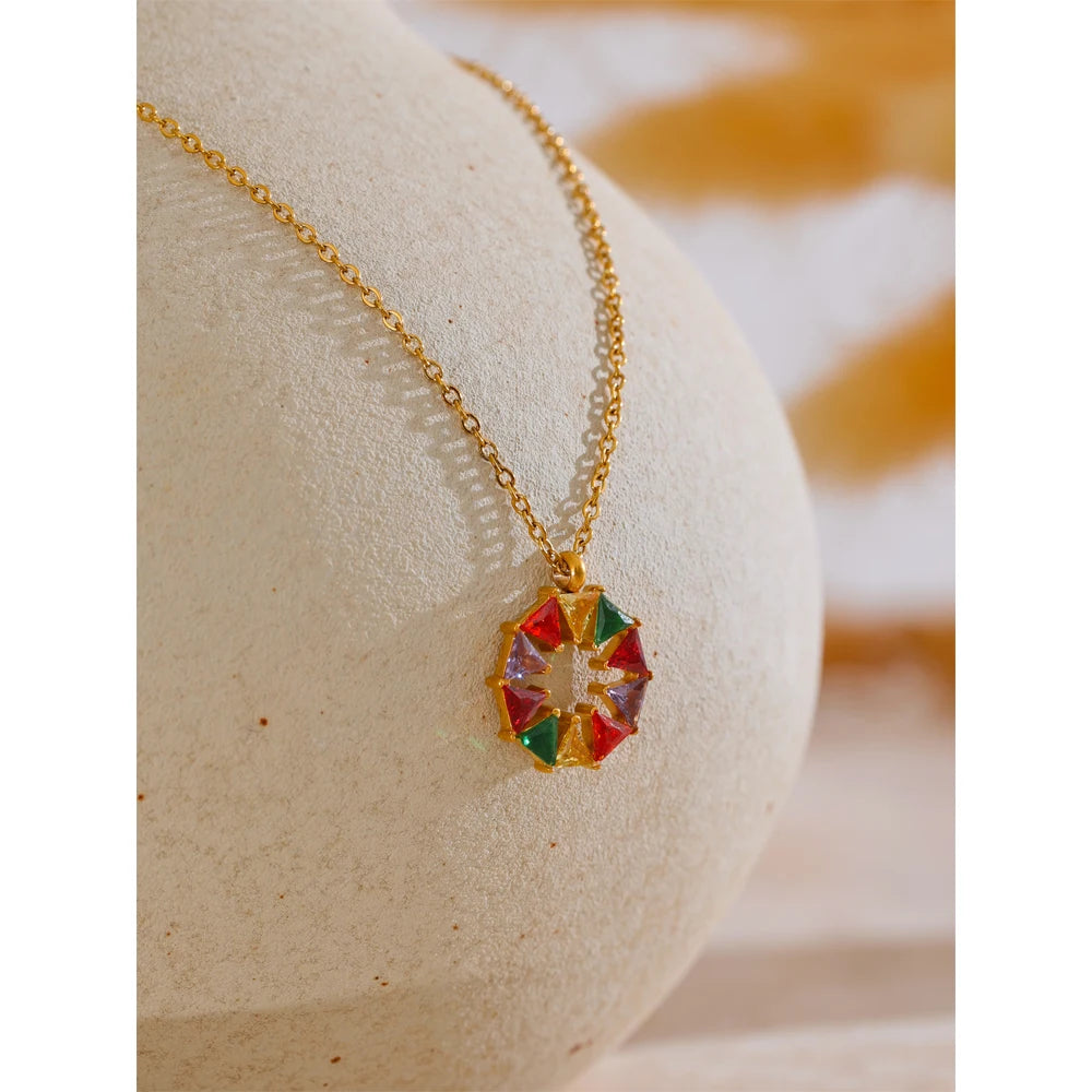 Yhpup Colorful Bling Cubic Zirconia Round Shape Rainbow Chic Necklace Pendant 18K Gold Color Fashion Waterproof Jewelry Gift