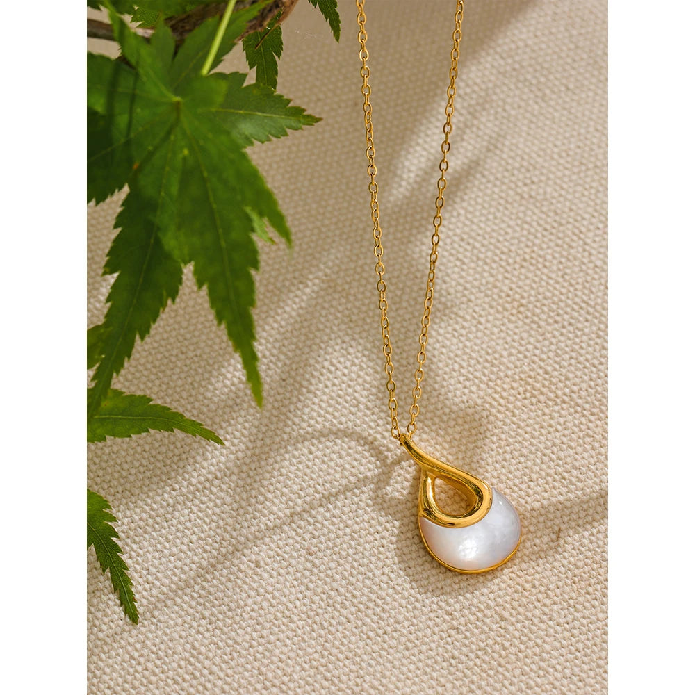 Yhpup Natural Stone Water Drop Exquisite Pendant Chic Necklace 18K Gold Color Plated Stainless Steel Premium Jewelry for Women