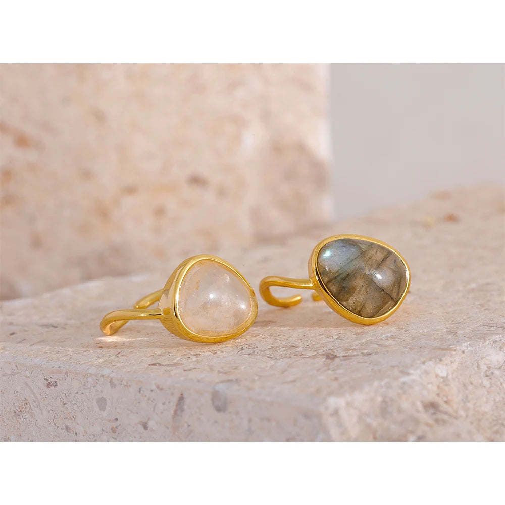 Yhpup S925 Sterling Silver Natural Stone Crystal Adjustable Chic Open Ring for Women Fashion Golden INS Moonstone Fine Jewelry