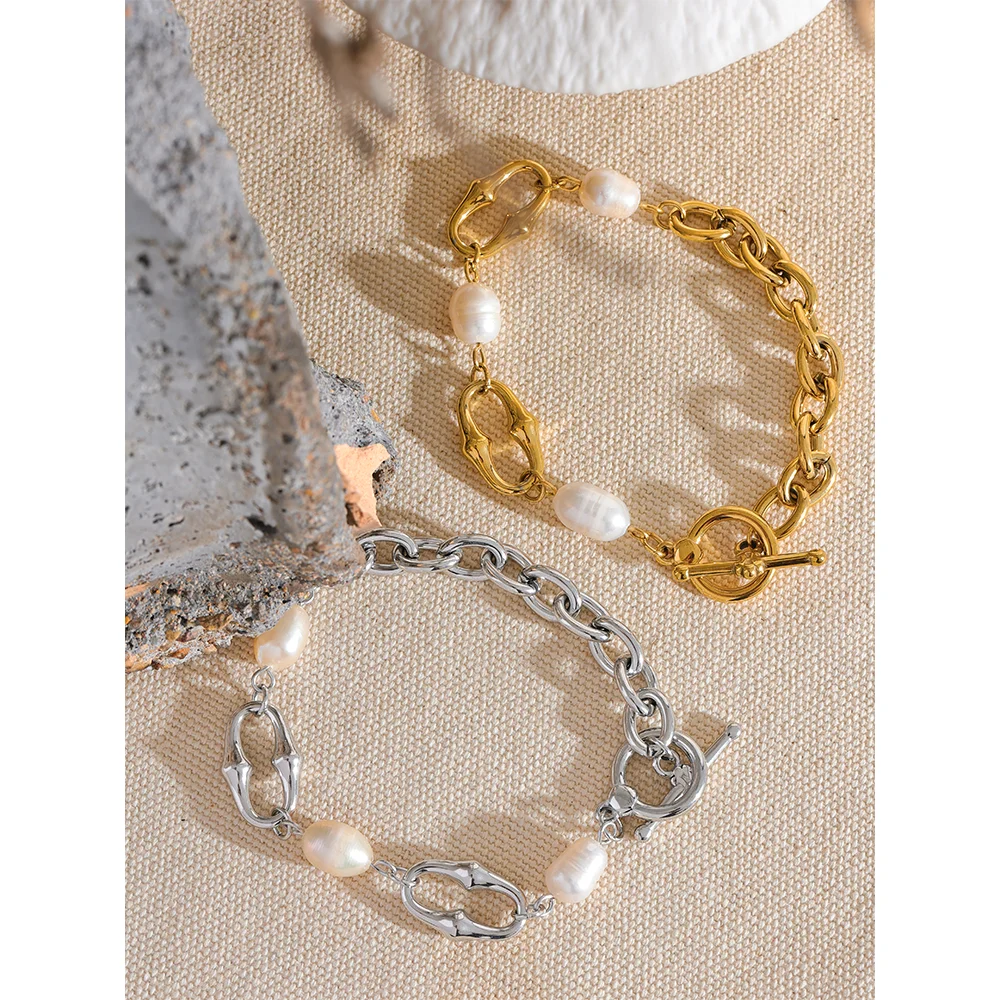 Yhpup 316l Stainless Steel Natural Pearl Chain Toggle-Clasps Bracelet Bangle for Women Elegant Fashion Jewelry Bijoux Waterproof