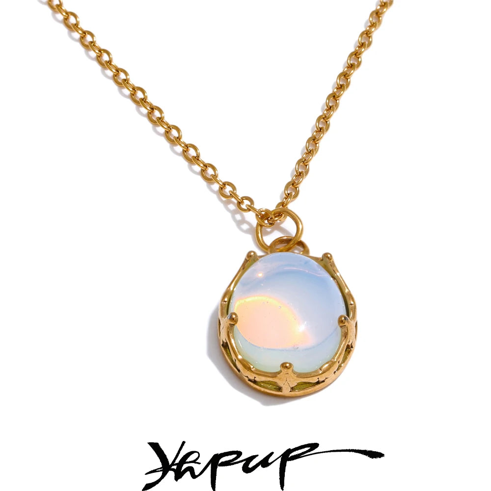 Yhpup Natural Opal Stone Pendant Fashion Necklace for Women Stainless Steel High Quality Popular Jewelry Waterproof Gift
