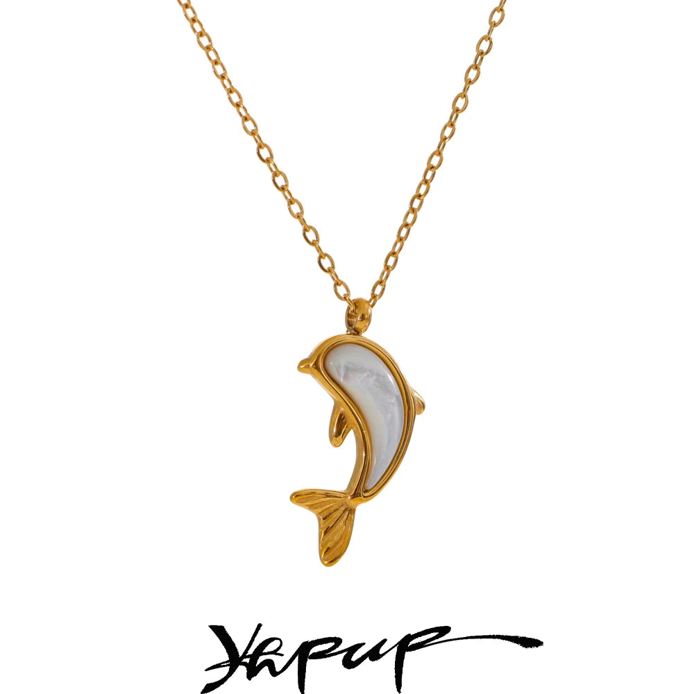 Yhpup Fashion Stainless Steel Natural Shell Dolphin Pendant Necklace Exquisite Classic Element Jewelry Gift