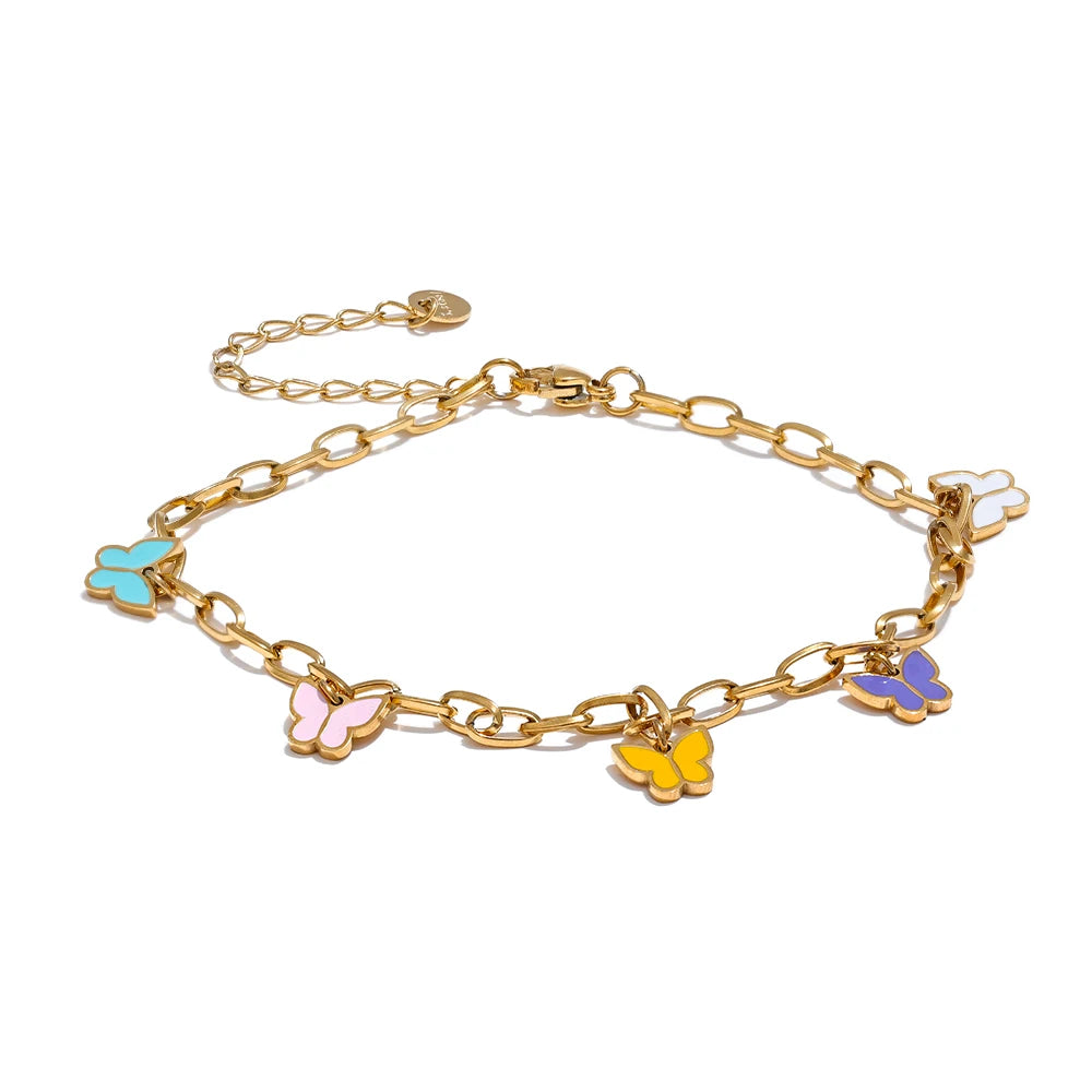 Yhpup 2024 Summer Stainless Steel Enamel Butterfly Drop Chain Anklet for Women Waterproof 18K PVD Plated Fashion Jewelry