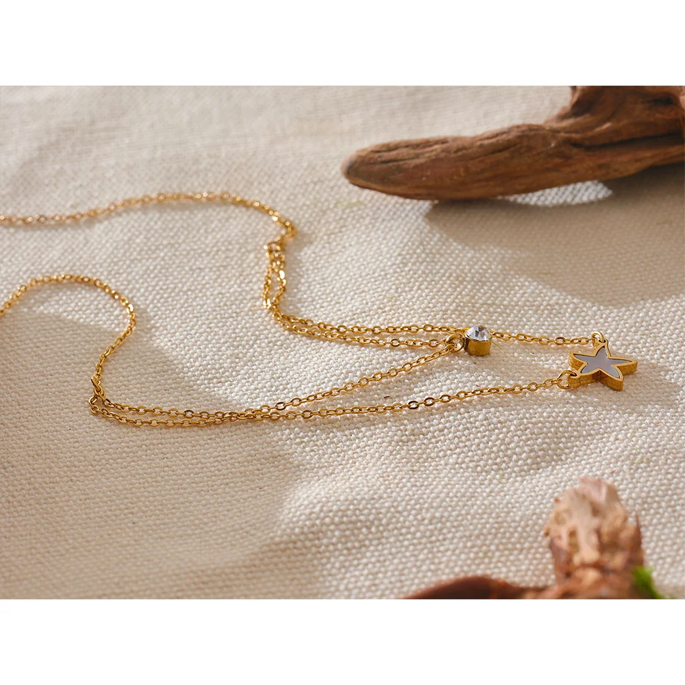 Yhpup Fashion Natural Shell CZ Star Double Layer Pendant Stacking Chic Necklace Gold Color Chain Stainless Steel Collar Jewelry