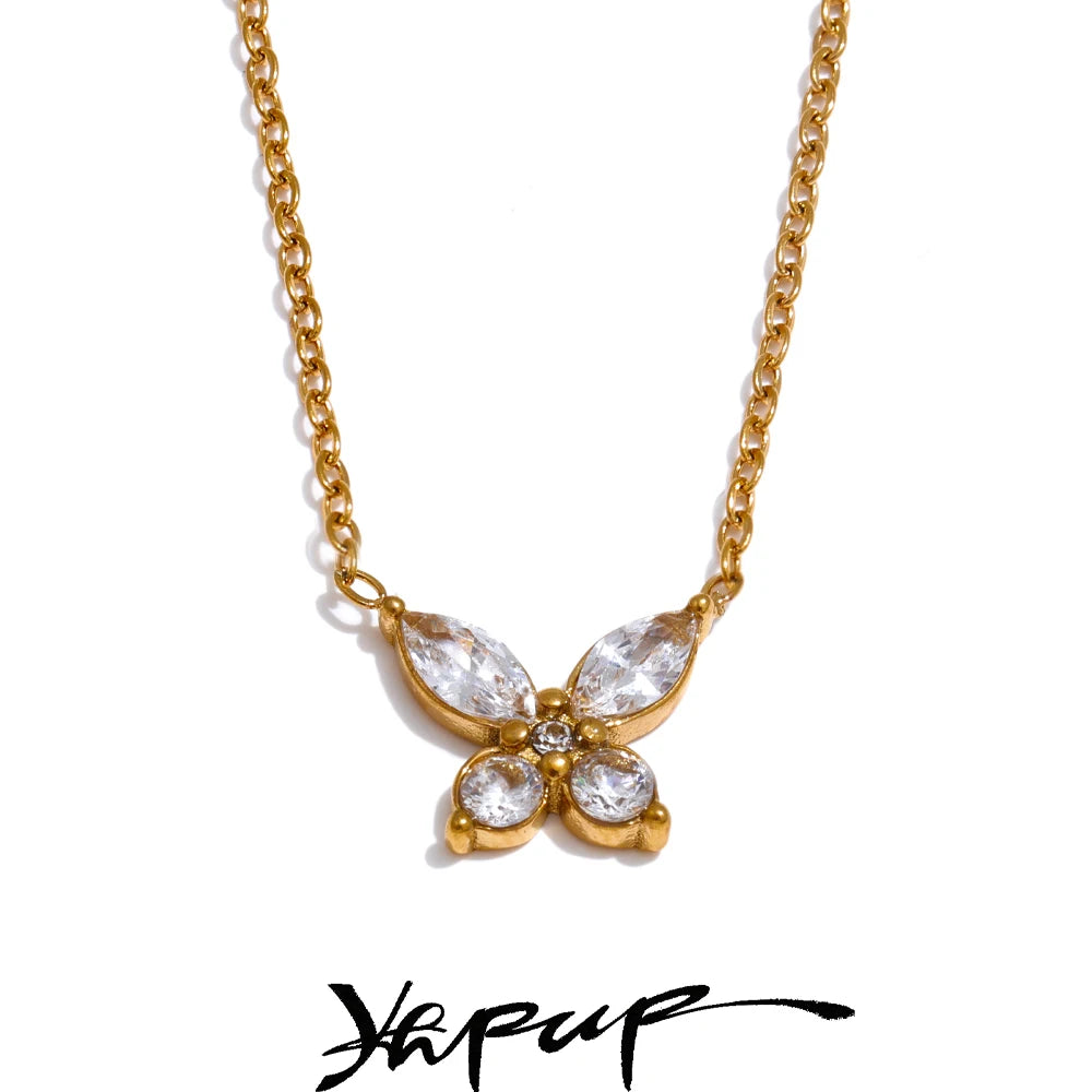 Yhpup Delicate Bling Cubic Zirconia Butterfly Pendant Necklace Gold Silver Color High Quality Fashion Collar Jewelry Waterproof