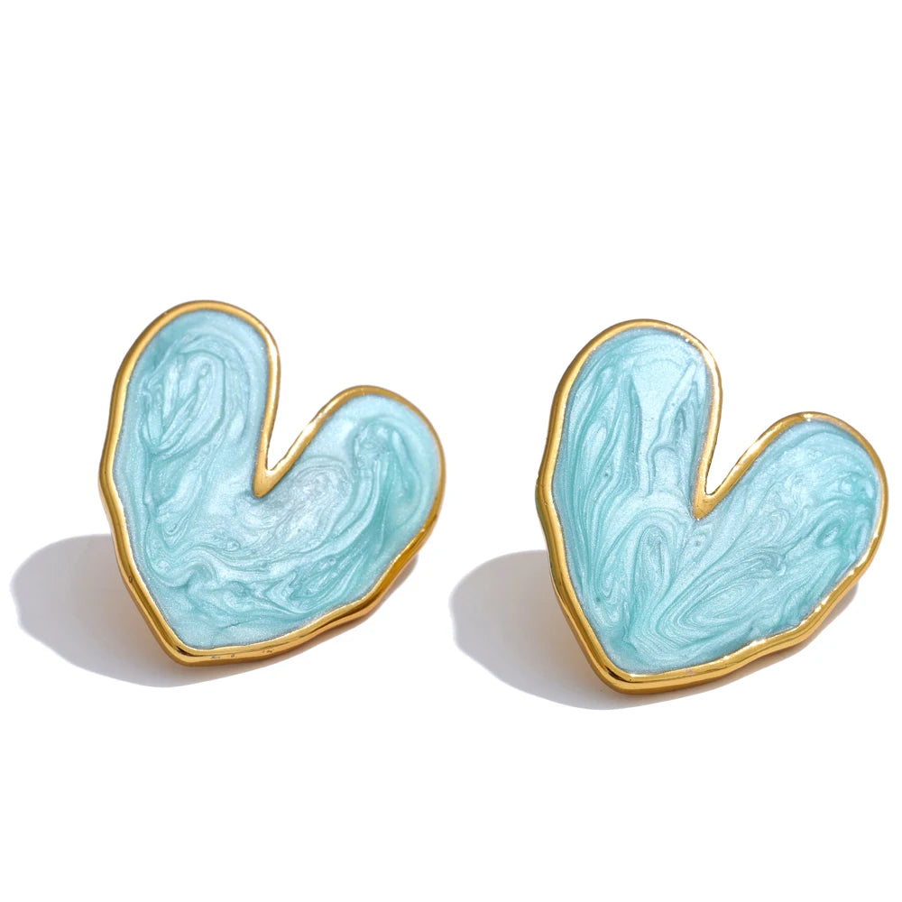 Yhpup Sweet Enamel 3-colors Heart Spring Summer Love Stud Earrings Waterproof Stainless Steel Fashion Y2K Daily Jewelry 2024