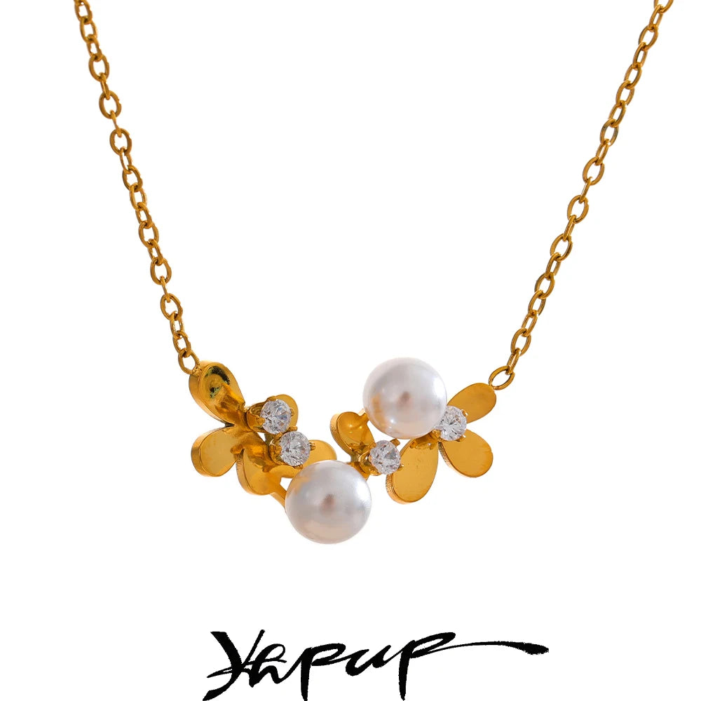 Yhpup Summer Zircon Pearl Flower Collar Necklace Pendant 316L Stainless Steel Chain 18K Gold Color Chic Exclusive Jewelry