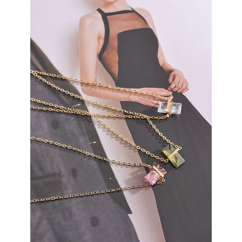 Yhpup Stainless Steel Olive Green Cubic Zirocnia Chic Pendant Necklace for Women Minimalist Charm Korean Fashion Collar Jewelry