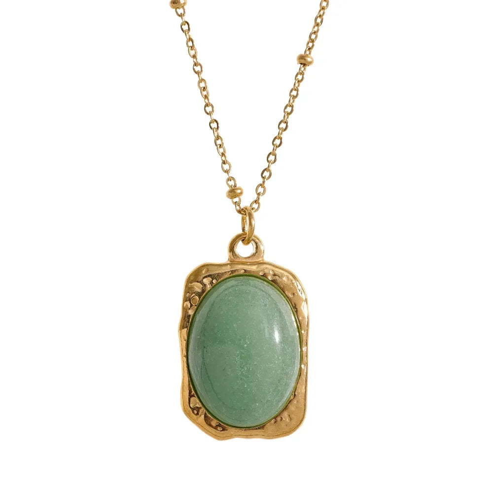 Yhpup Natural Stone Square Pendant Stainless Steel Necklace Amethyst Green Aventurine Charm Fashion Collar Jewelry Women