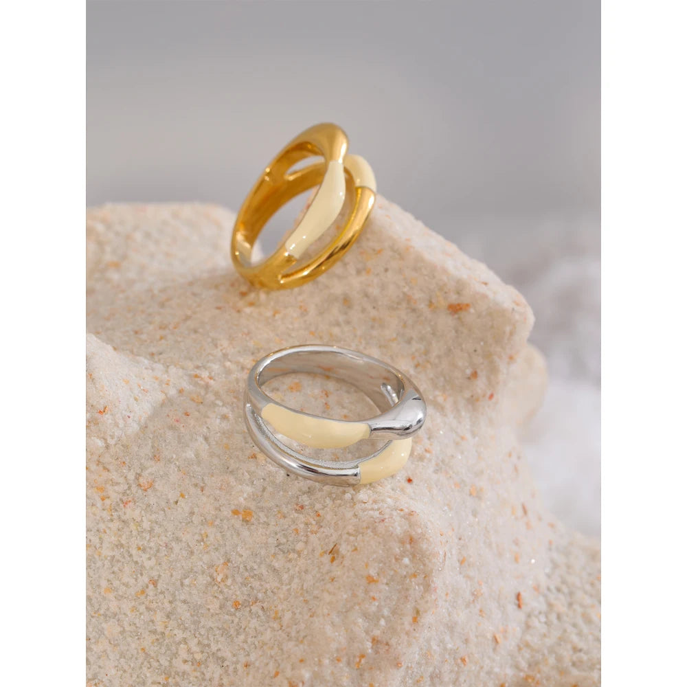 Yhpup Stainless Steel Exquisite Ring Beige Enamel Fashion 18k Gold Platinum PVD Plated Daily Finger Jewelry Bijoux for Women