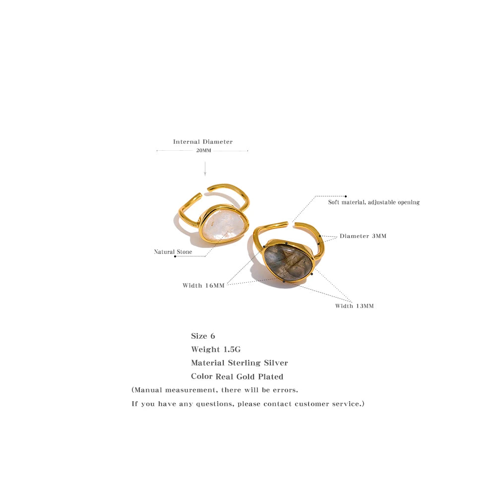 Yhpup S925 Sterling Silver Natural Stone Crystal Adjustable Chic Open Ring for Women Fashion Golden INS Moonstone Fine Jewelry