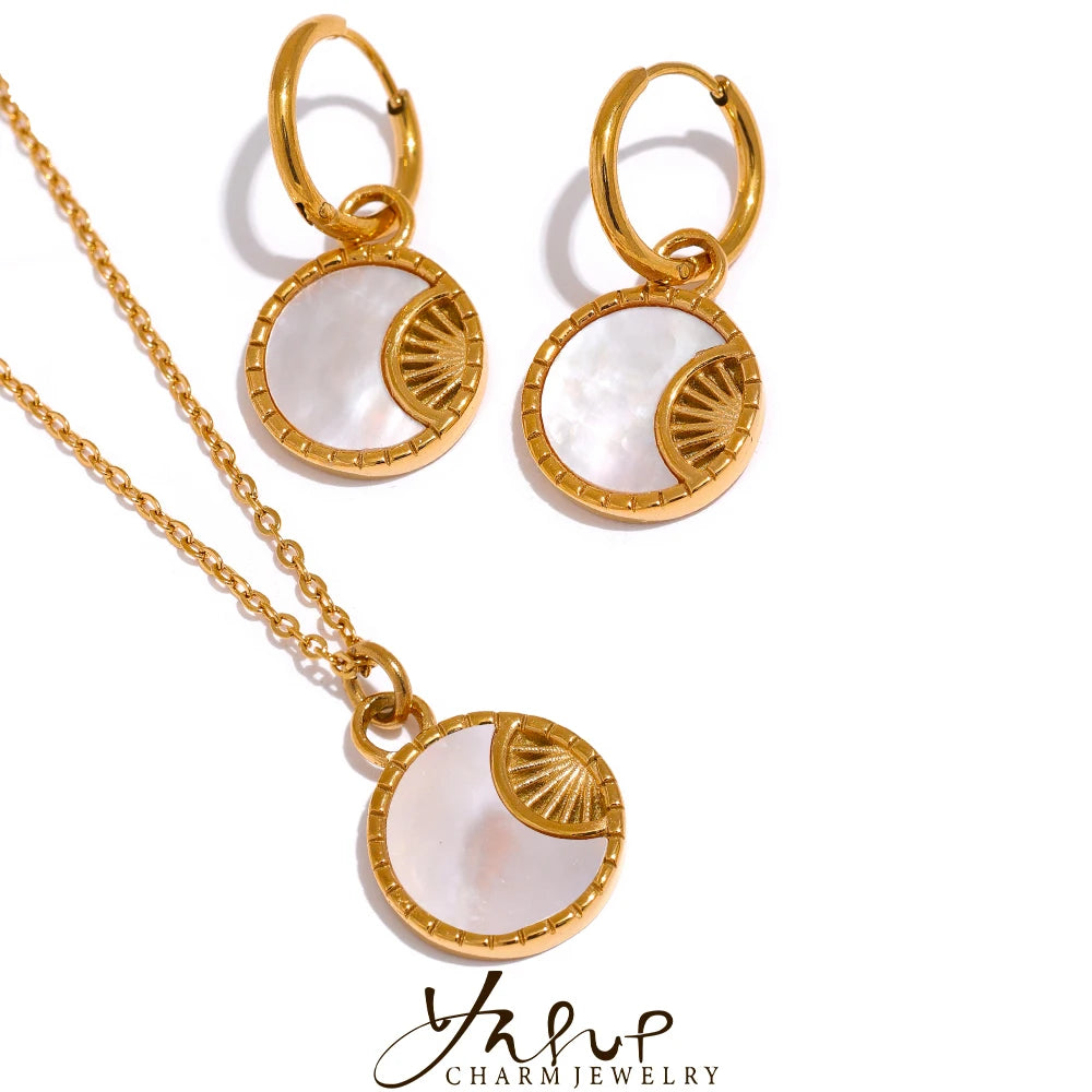 Yhpup Charm Natural Shell Star Moon Round Pendant Drop Stainless Steel Necklace Earrings Jewelry Set for Women Accessories