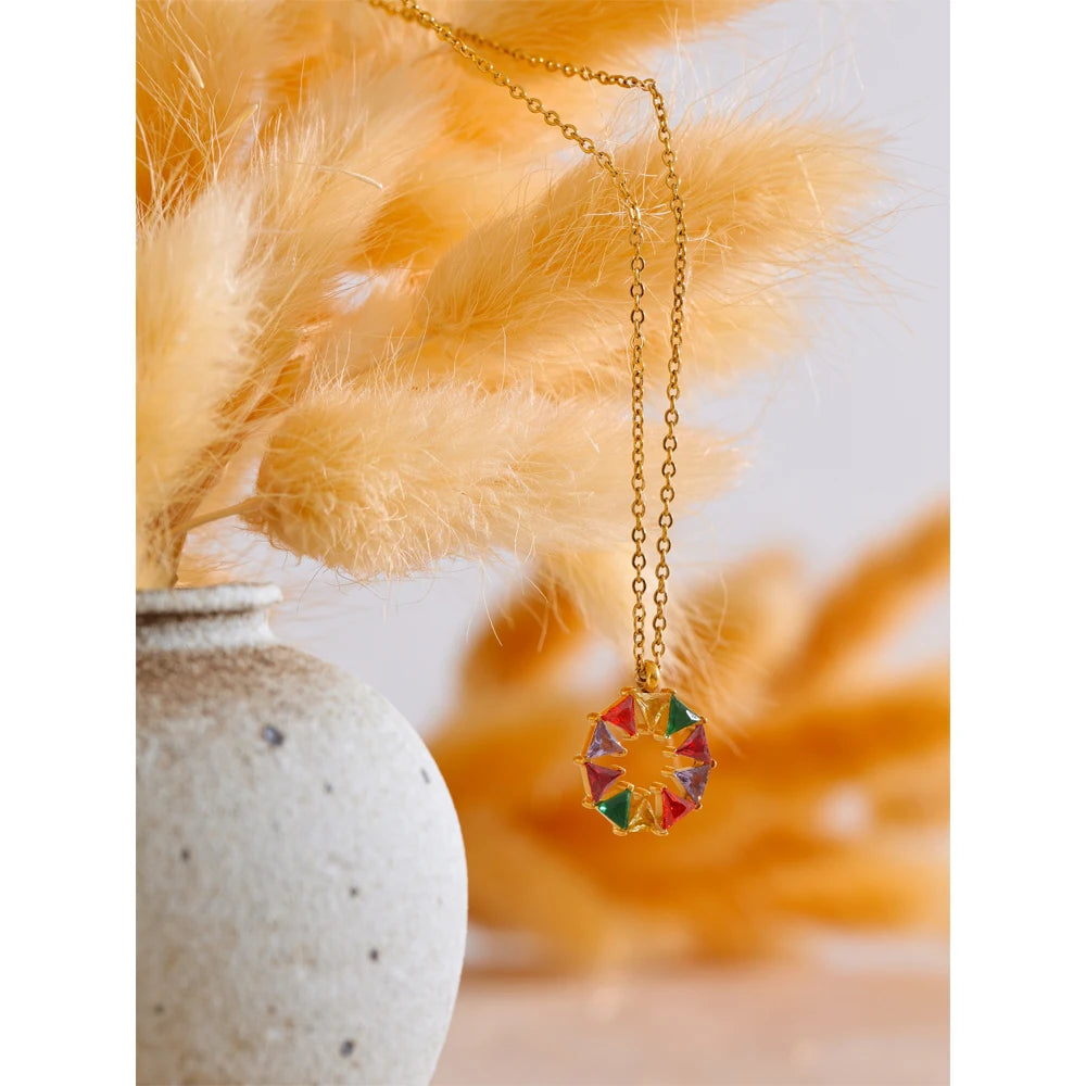 Yhpup Colorful Bling Cubic Zirconia Round Shape Rainbow Chic Necklace Pendant 18K Gold Color Fashion Waterproof Jewelry Gift