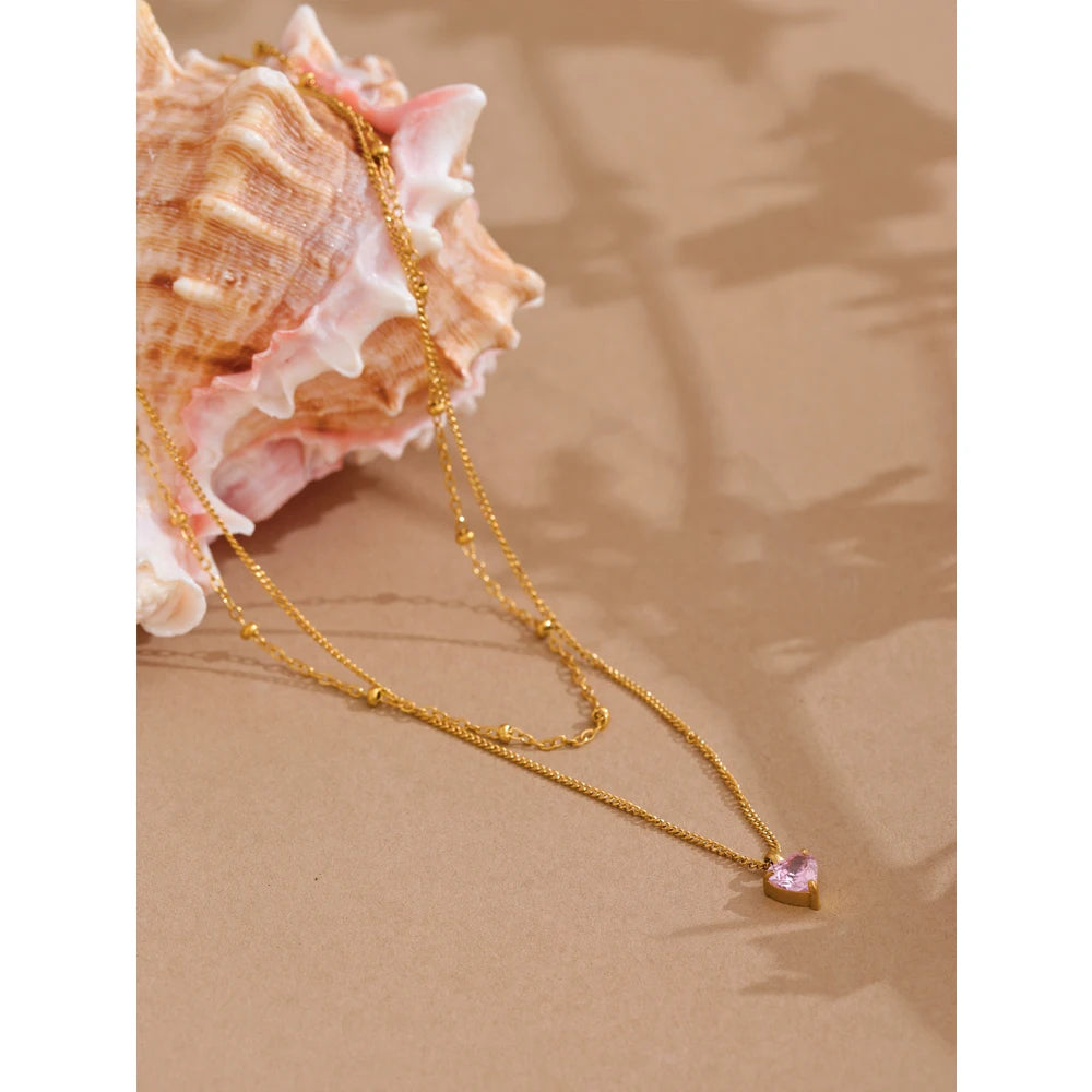 Yhpup Chic Stainless Steel Double-Layer Stacking Chain Pink Zircon Heart Pendant Necklace Delicate Style High-Grade Jewelry