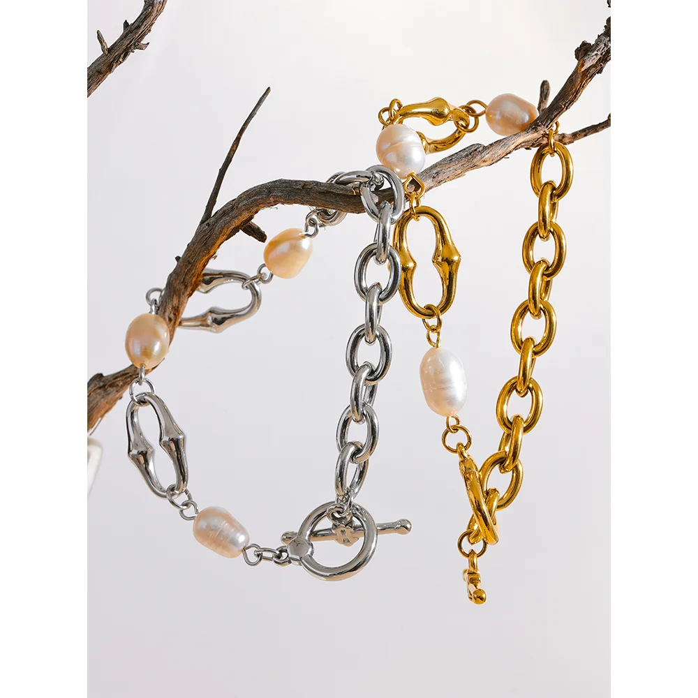 Yhpup 316l Stainless Steel Natural Pearl Chain Toggle-Clasps Bracelet Bangle for Women Elegant Fashion Jewelry Bijoux Waterproof