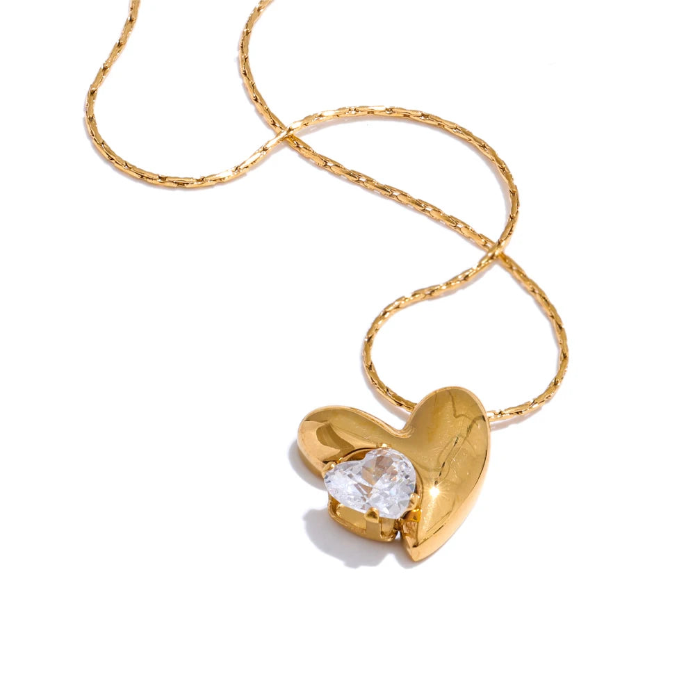 Yhpup Stylish Design Stainless Steel Metal Zirconia Heart Pendant Necklace Golden Collar Romantic Charm Jewelry Gift 2025