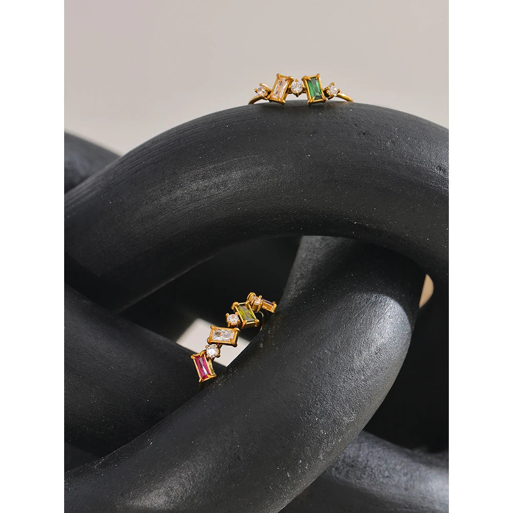 Yhpup Chic Bling Colorful Cubic Zirconia Thin Fashion Ring 2024 Waterproof Stainless Steel Trendy Exquisite Finger CZ Jewelry
