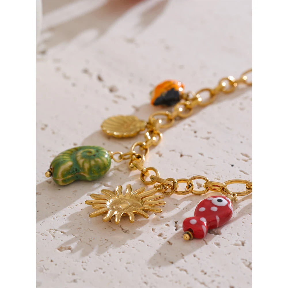 Yhpup Ocean Style Ceramic Conch Fish Butterfly Sun Drop Y2K Handmade Necklace Women Stainless Steel Statement Trending Jewelry