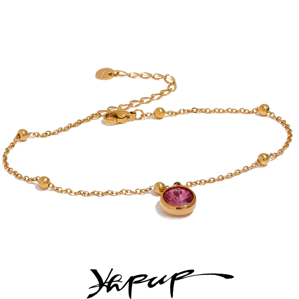 Yhpup Stainless Steel Gold Color Stylish Anklet for Women Exquisite Pink Green Cubic Zirconia Chain Waterproof Summer Jewelry