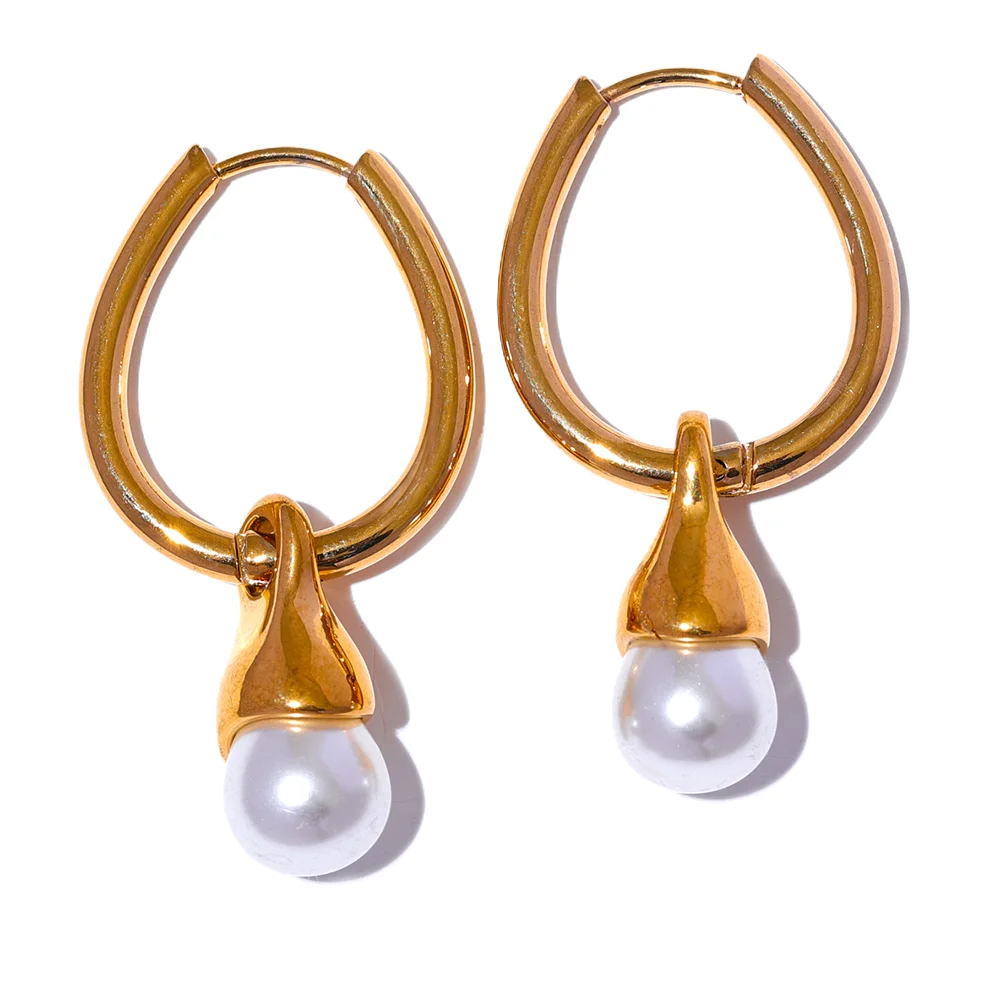 Yhpup Removable Stainless Steel Geometric Imitation Pearls Drop Hoop Earrings Gold Color Fashion Elegant Daily Jewelry for Women