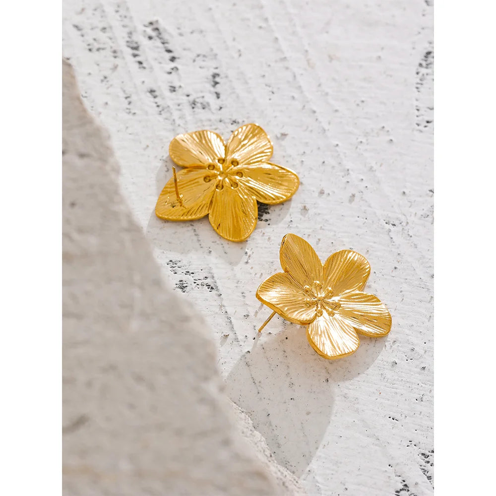 Yhpup Tarnish Free Vintage Gold Color Stainless Steel Flower Metal Stud Earrings for Women Individual Stylish Trendy Jewelry