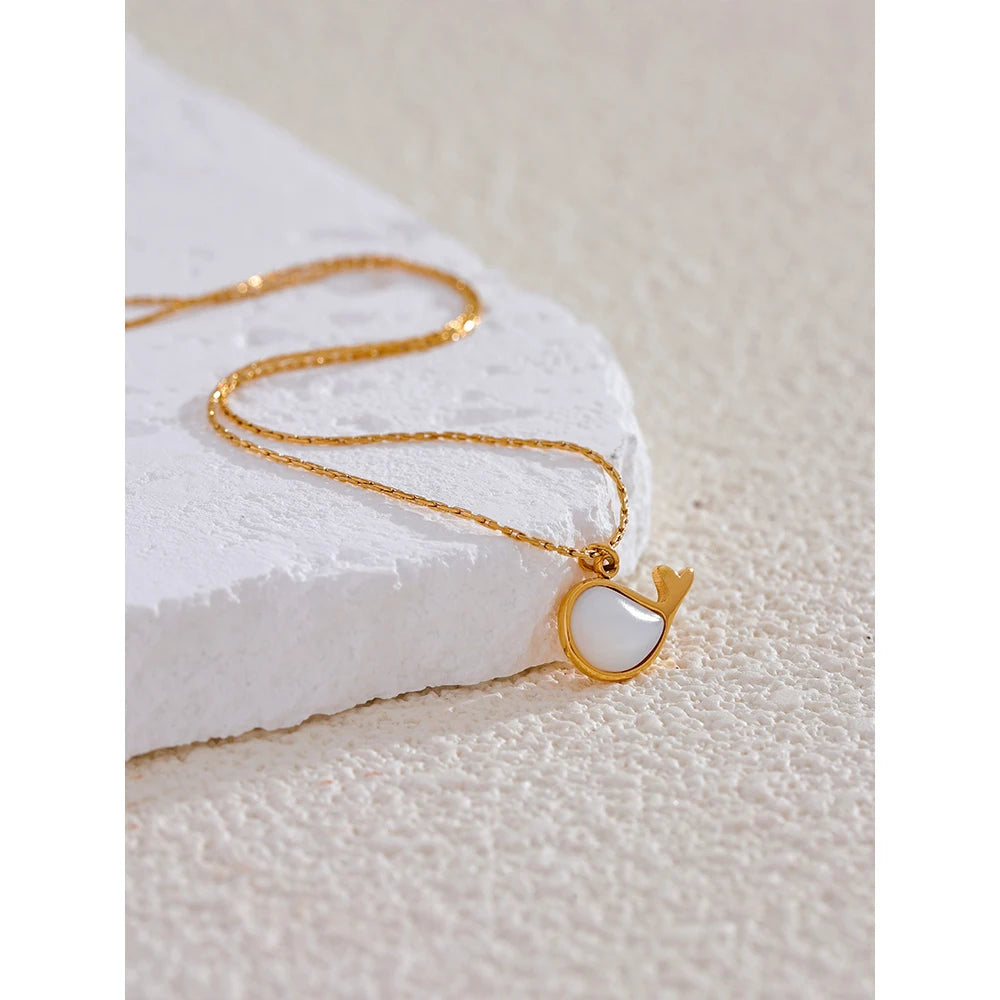 Yhpup Chic High Quality Natural Shell Whale Pendant Necklace Water Resistant Golden Stainless Steel Summer Daily Jewelry New