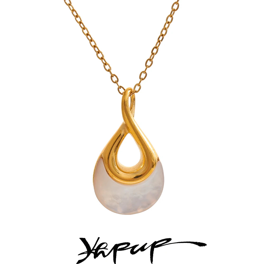 Yhpup Natural Stone Water Drop Exquisite Pendant Chic Necklace 18K Gold Color Plated Stainless Steel Premium Jewelry for Women
