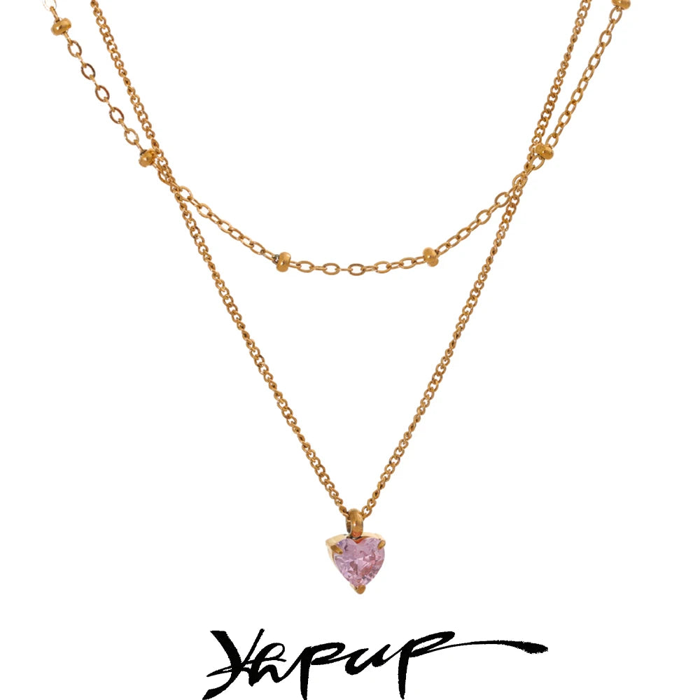 Yhpup Chic Stainless Steel Double-Layer Stacking Chain Pink Zircon Heart Pendant Necklace Delicate Style High-Grade Jewelry