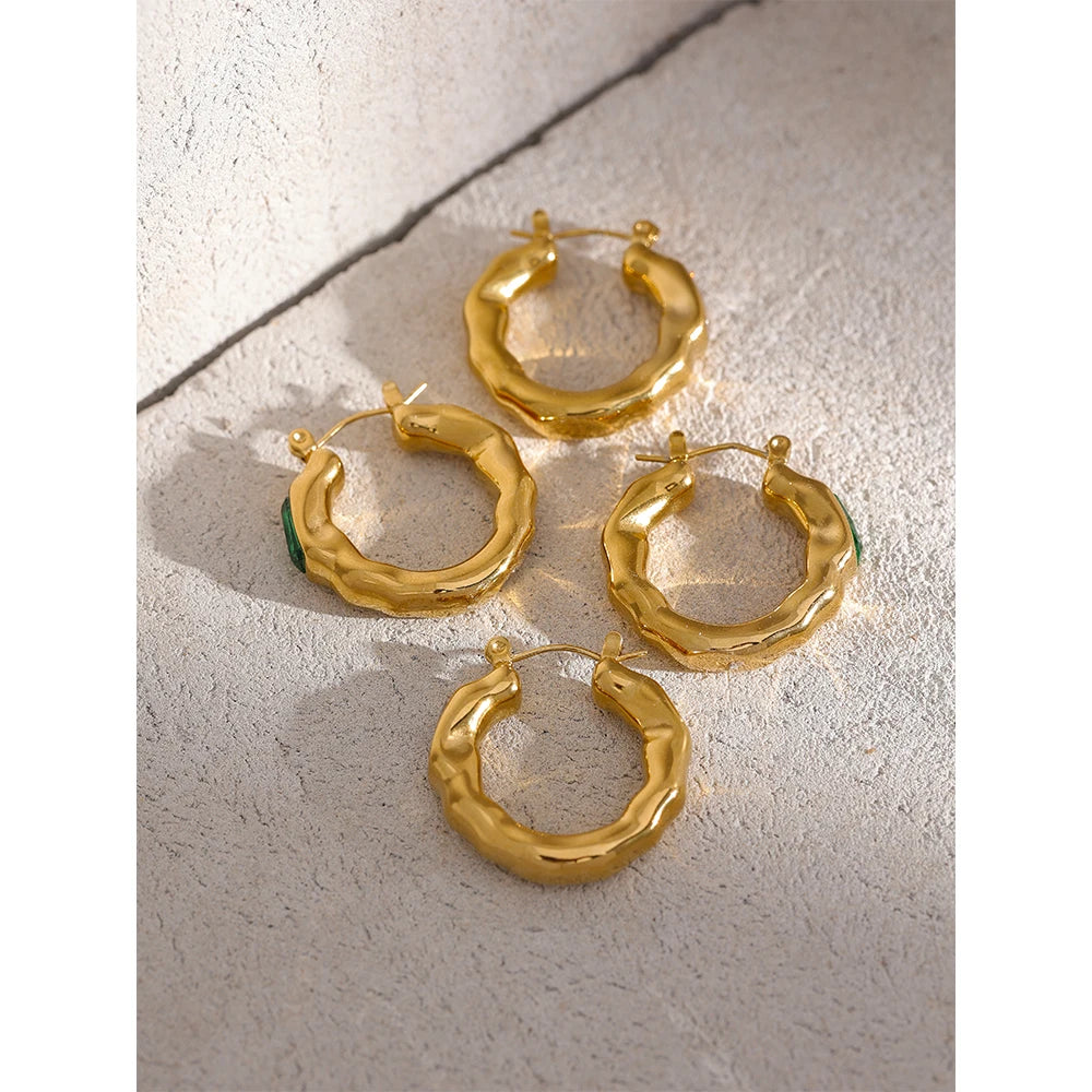 Yhpup Stainless Steel Cubic Zirconia Green CZ Textured Metal Hoop Earrings Jewelri for Woman Korean Temperament ZA Earring