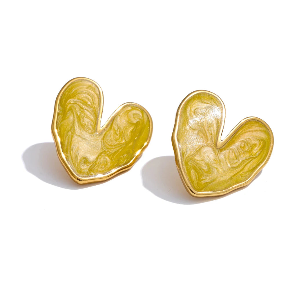 Yhpup Sweet Enamel 3-colors Heart Spring Summer Love Stud Earrings Waterproof Stainless Steel Fashion Y2K Daily Jewelry 2024
