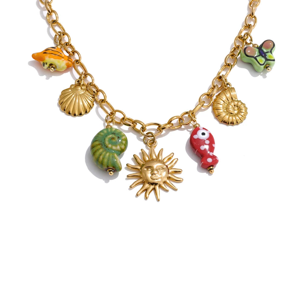 Yhpup Ocean Style Ceramic Conch Fish Butterfly Sun Drop Y2K Handmade Necklace Women Stainless Steel Statement Trending Jewelry