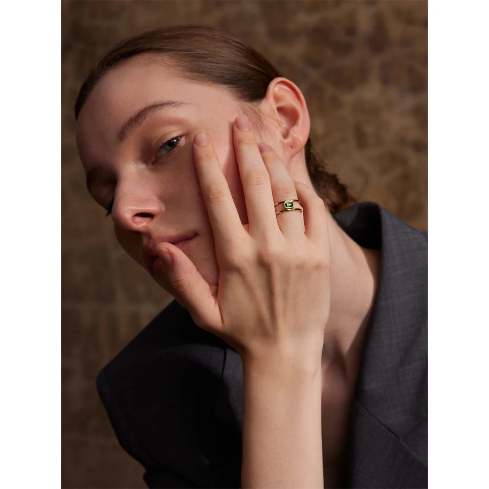 Yhpup Stainless Steel Double Layer Hollow Green Cubic Zirconia Fashion Ring Exquisite Rust Proof 18K Gold Color Finger Jewelry