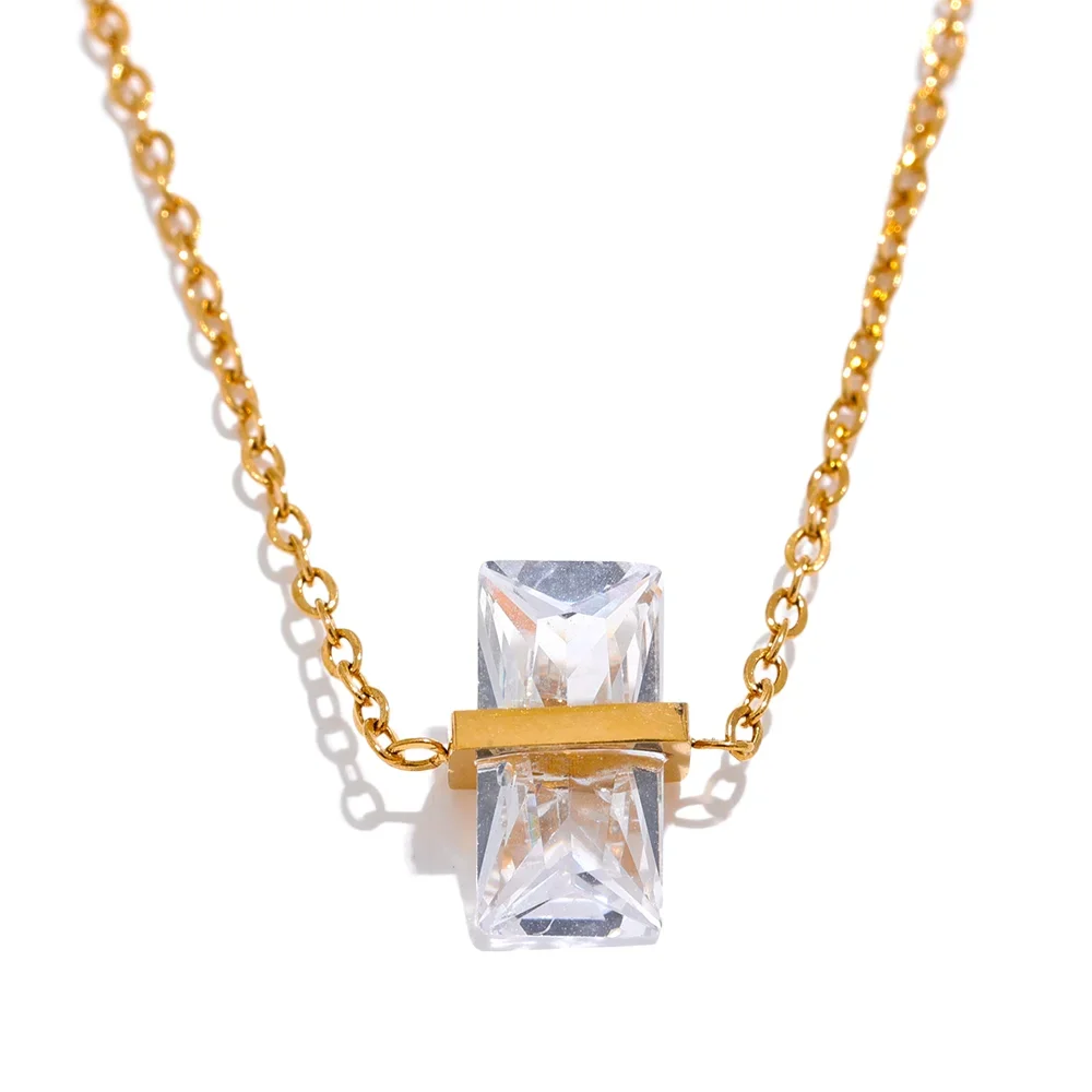Yhpup Stainless Steel Olive Green Cubic Zirocnia Chic Pendant Necklace for Women Minimalist Charm Korean Fashion Collar Jewelry