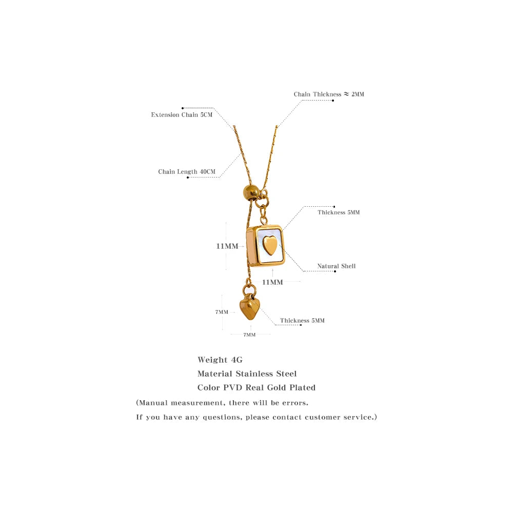 Yhpup Stylish Square Heart Shell Pendant Stainless Steel Romantic Necklace Women Statement 18k Gold Plated Waterproof Jewelry
