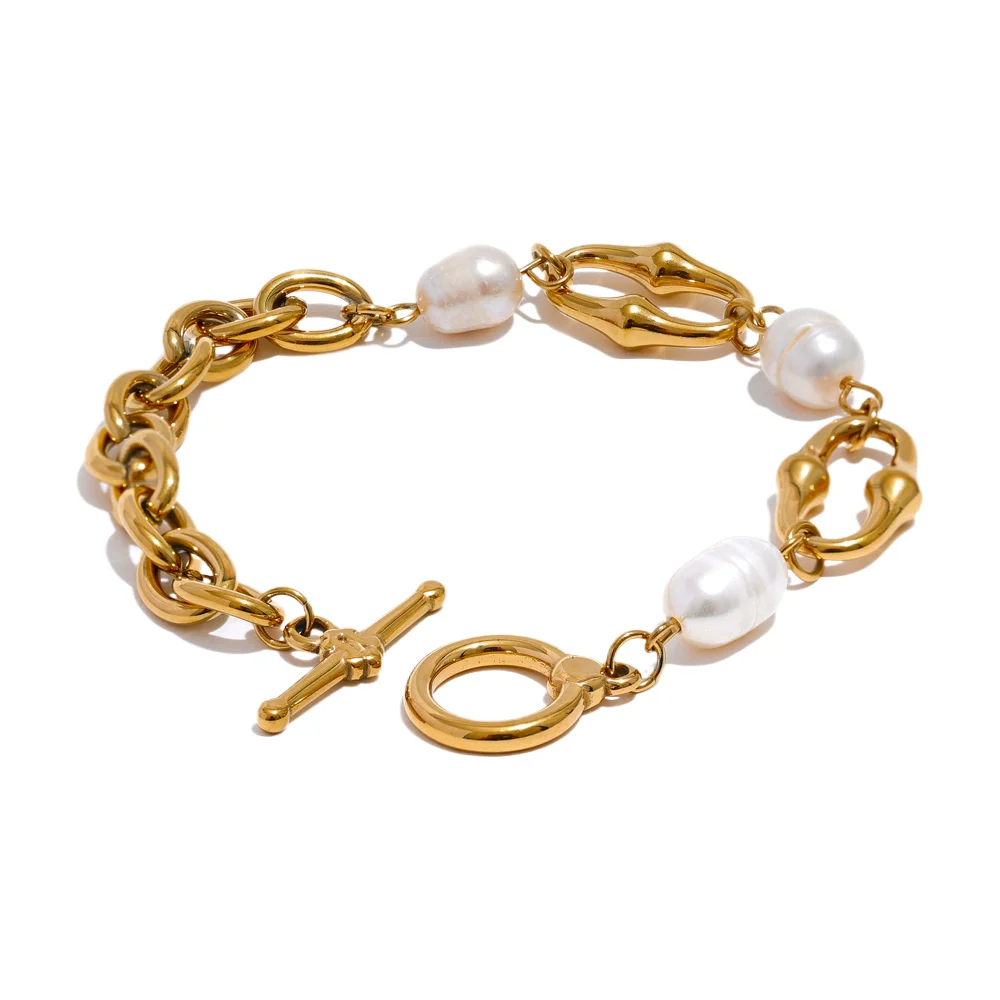Yhpup 316l Stainless Steel Natural Pearl Chain Toggle-Clasps Bracelet Bangle for Women Elegant Fashion Jewelry Bijoux Waterproof