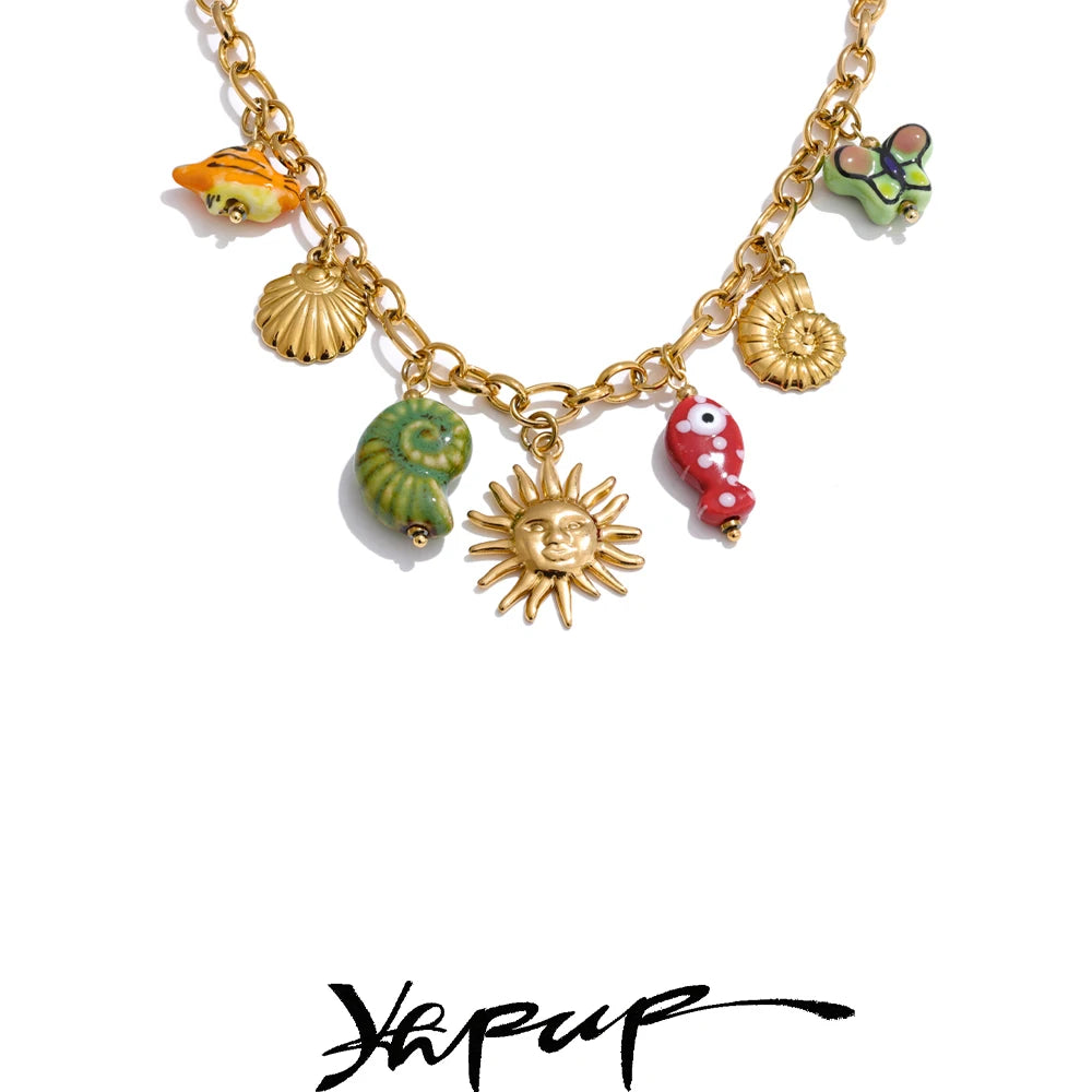 Yhpup Ocean Style Ceramic Conch Fish Butterfly Sun Drop Y2K Handmade Necklace Women Stainless Steel Statement Trending Jewelry