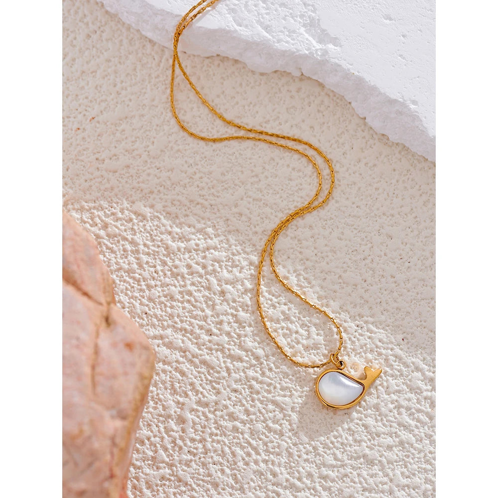 Yhpup Chic High Quality Natural Shell Whale Pendant Necklace Water Resistant Golden Stainless Steel Summer Daily Jewelry New