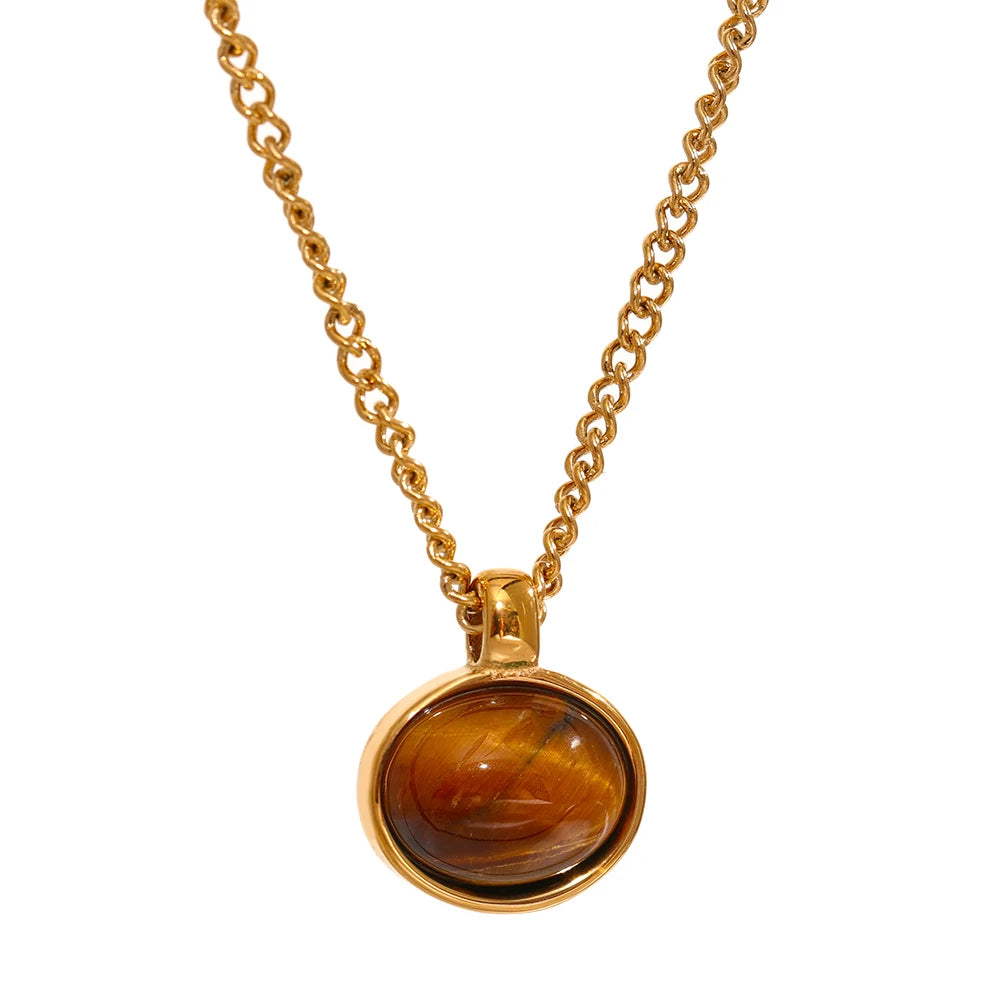 Yhpup Green Agate Tiger Stone Pendant Necklace for Women 316L Stainless Steel Gold Color Chain Collar Fashion Charm Jewelry