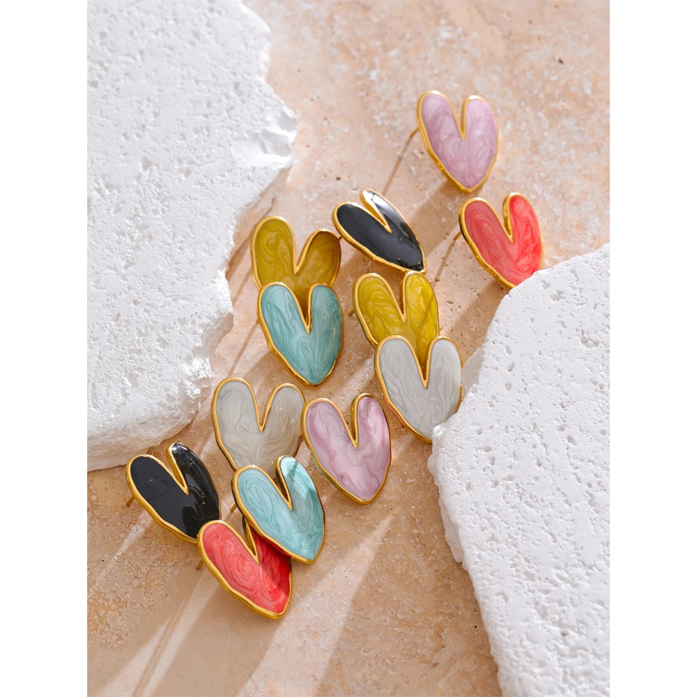 Yhpup Sweet Enamel 3-colors Heart Spring Summer Love Stud Earrings Waterproof Stainless Steel Fashion Y2K Daily Jewelry 2024