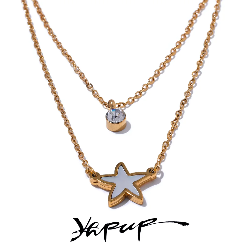 Yhpup Fashion Natural Shell CZ Star Double Layer Pendant Stacking Chic Necklace Gold Color Chain Stainless Steel Collar Jewelry