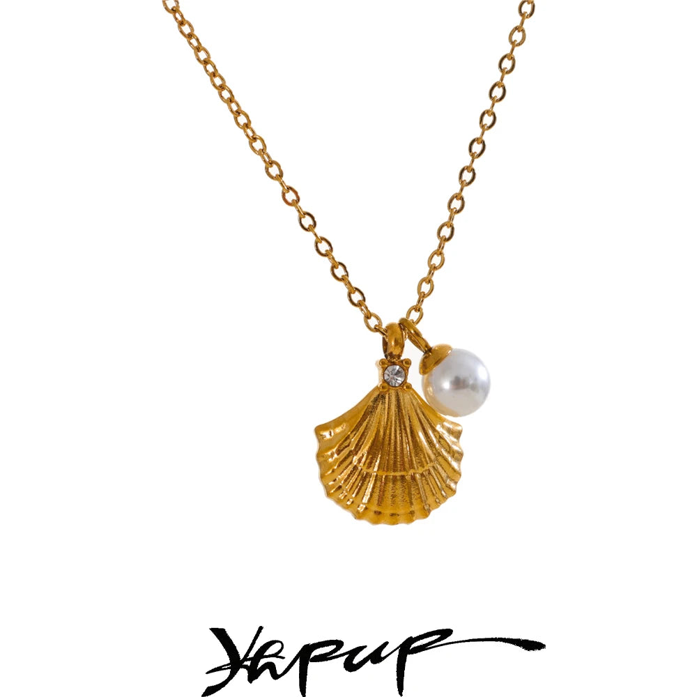 Yhpup Ocean Style Stainless Steel Metal Shell Collar Necklace 18K Gold Color Plated Pendant Stylish Jewelry Trendy