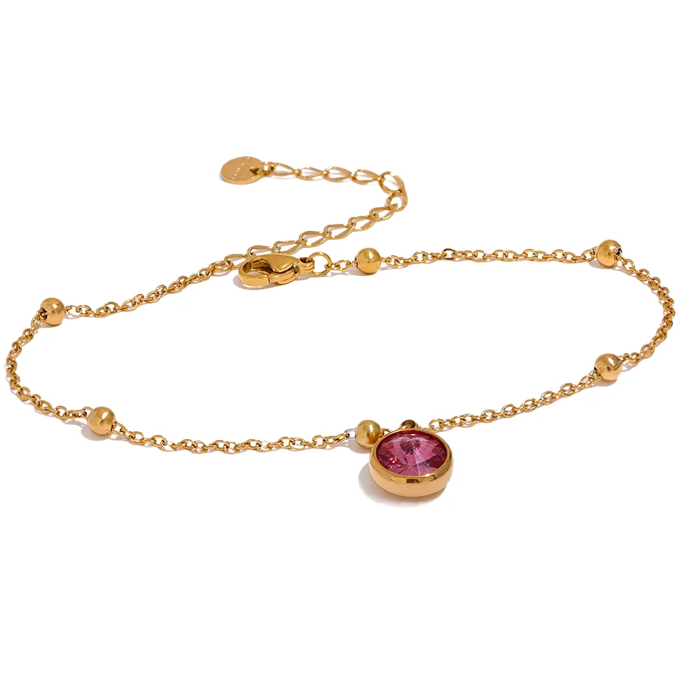 Yhpup Stainless Steel Gold Color Stylish Anklet for Women Exquisite Pink Green Cubic Zirconia Chain Waterproof Summer Jewelry