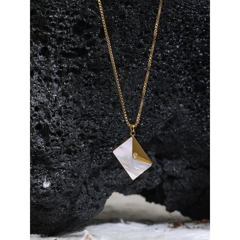 Yhpup Fashion Envelope Natural Shell Pendant Stainless Steel Chic Necklace for Women Stylish 18K PVD Plated Jewelry Bijoux
