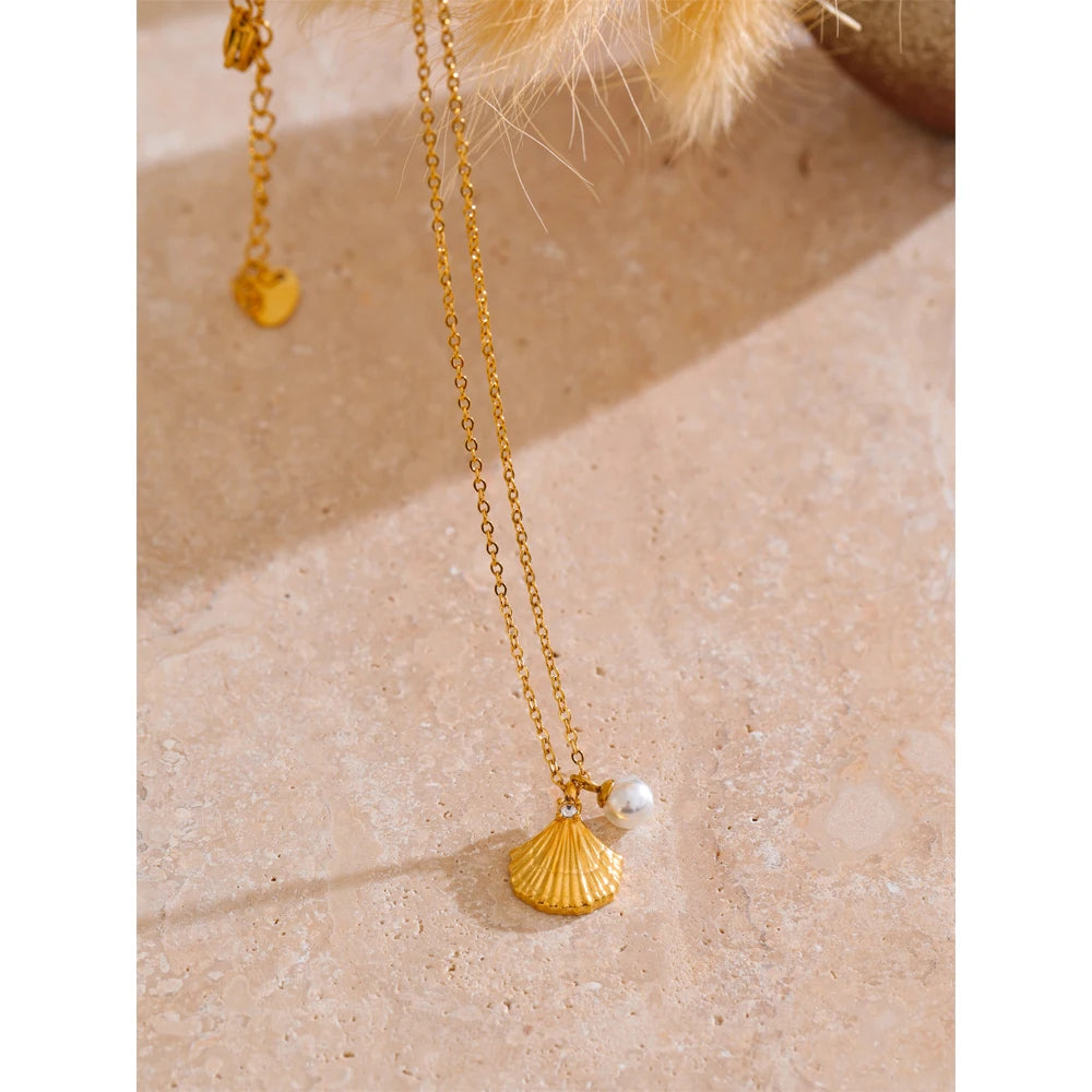 Yhpup Ocean Style Stainless Steel Metal Shell Collar Necklace 18K Gold Color Plated Pendant Stylish Jewelry Trendy