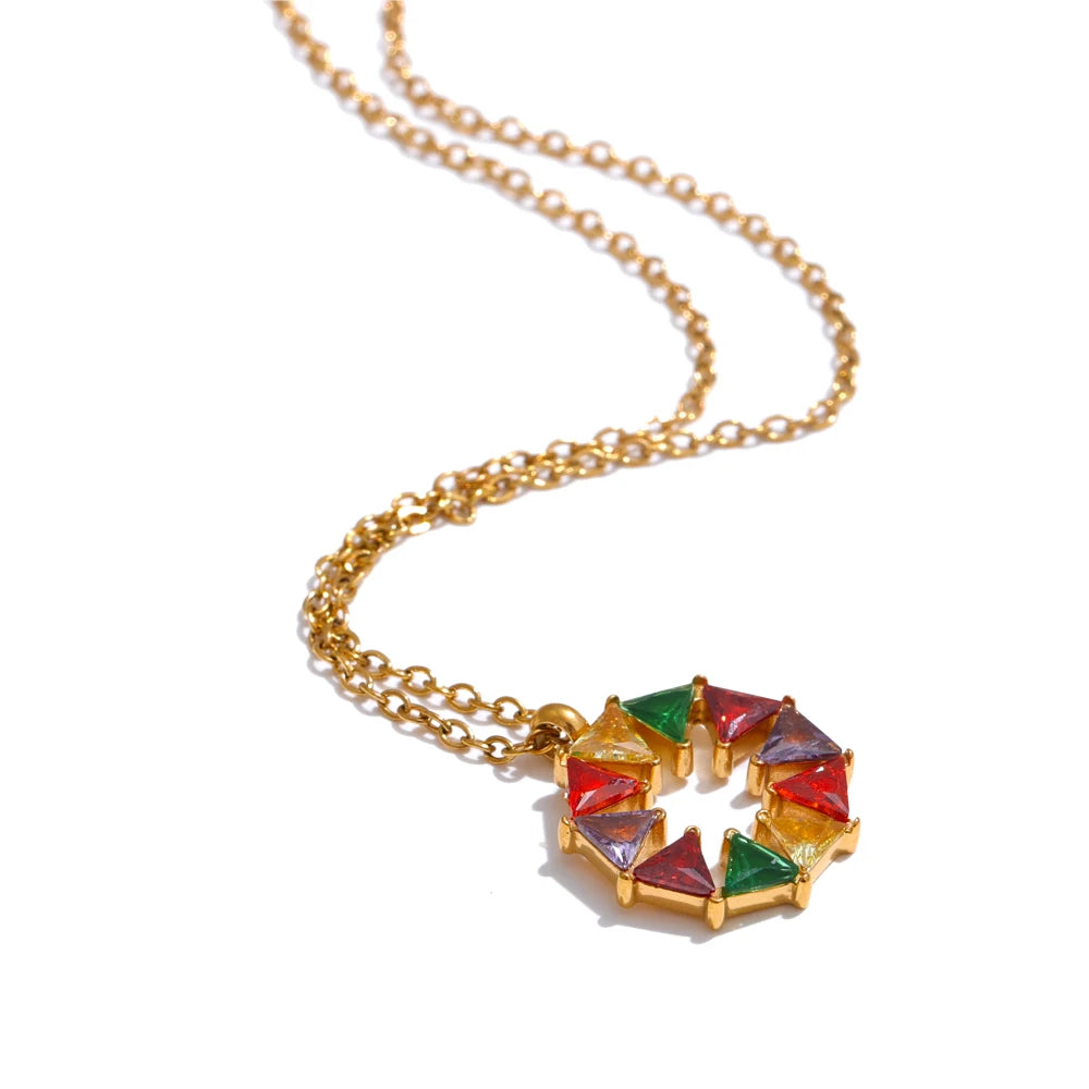 Yhpup Colorful Bling Cubic Zirconia Round Shape Rainbow Chic Necklace Pendant 18K Gold Color Fashion Waterproof Jewelry Gift